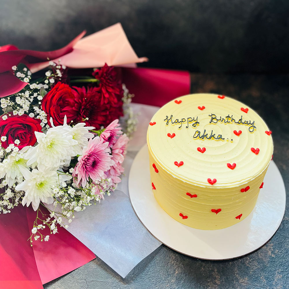 Sweetheart Bliss Cake + Flower Bouquet