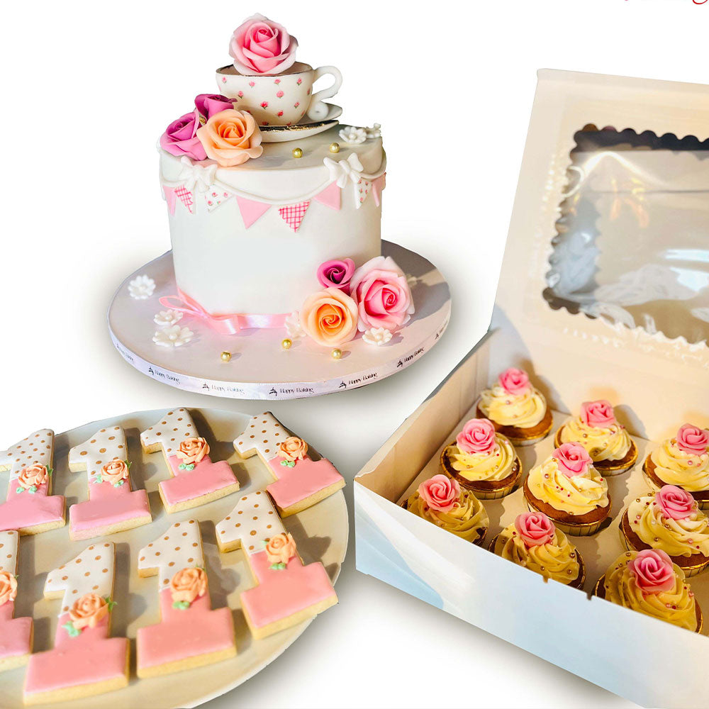 Tea Party Theme  - (with 12 Cookies & 12 Cupcakes)